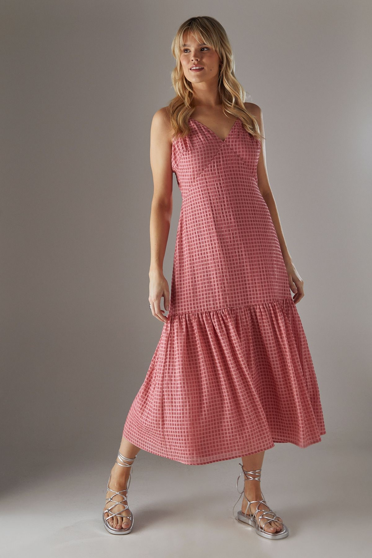 Warehouse Check Organza High Apex Strappy Midi Dress Pink image 1