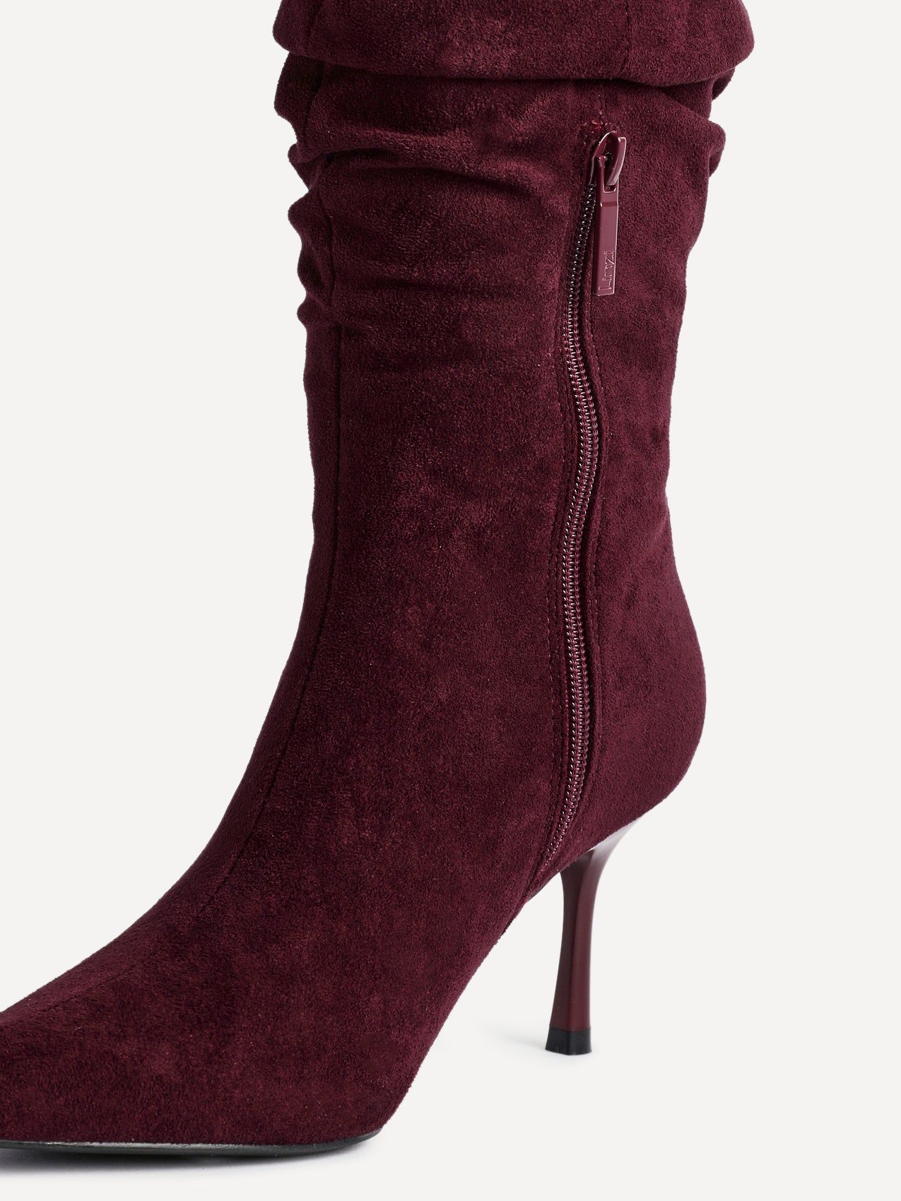 Linzi Rosenna Burgundy Faux Suede Ruched High Leg Heeled Boot image 5