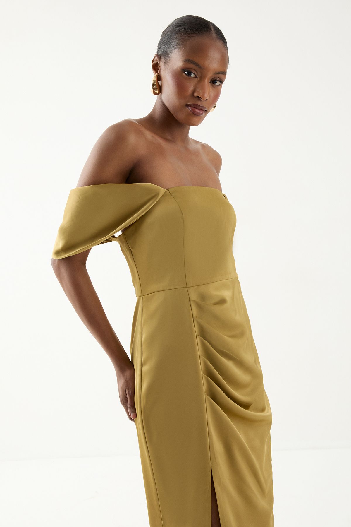 MissPap Bardot Ruched Satin Bridesmaid Dress Olive image 3