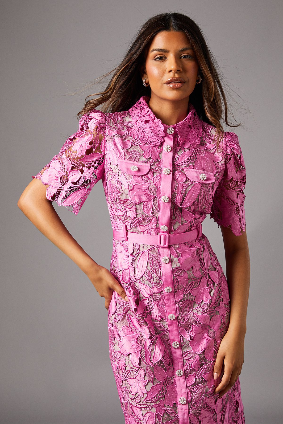 Coast Petite Lace Shirt Dress With Contrast Collar Pink image 2