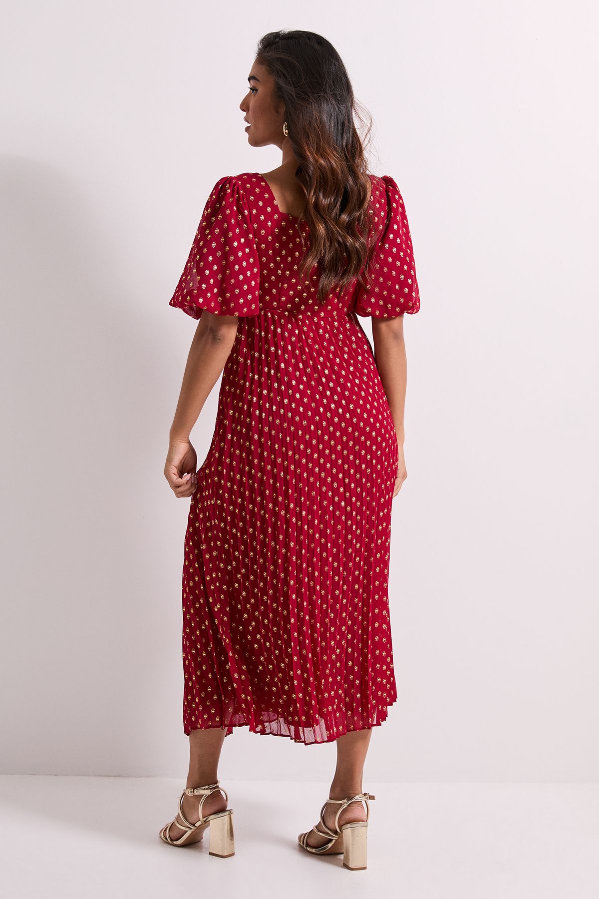 Dorothy Perkins Petite DP Luxe Bow Front Puff Sleeve Metallic Midaxi Dress Red image 3