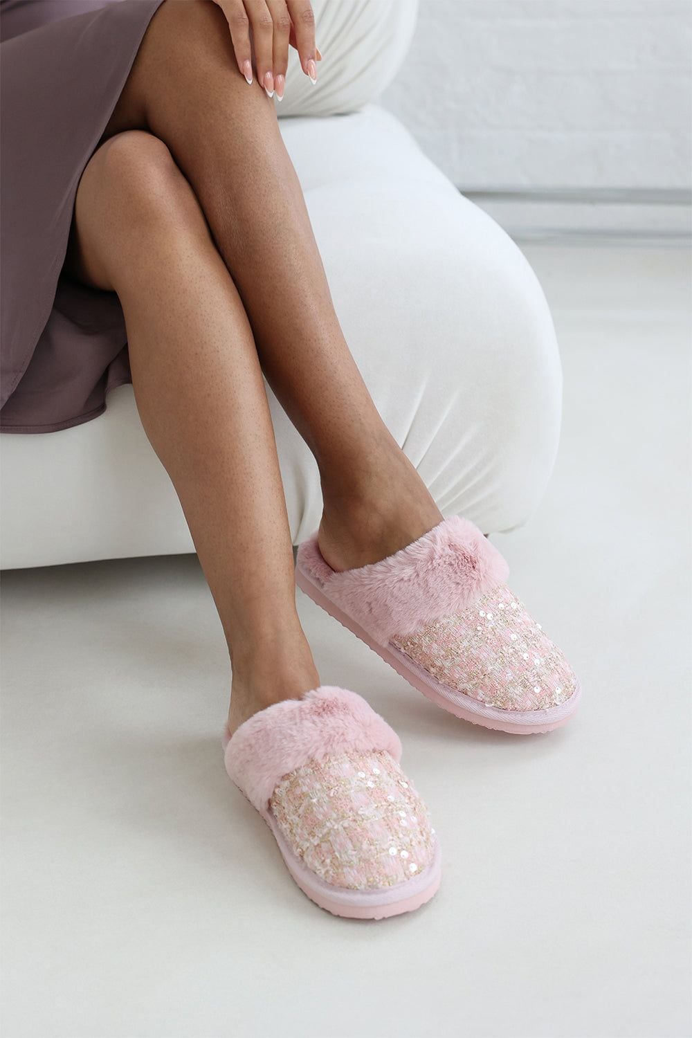 Where's That From 'Celeste' Sequin Tweed Mule Slippers With Faux Fur Trim image 4