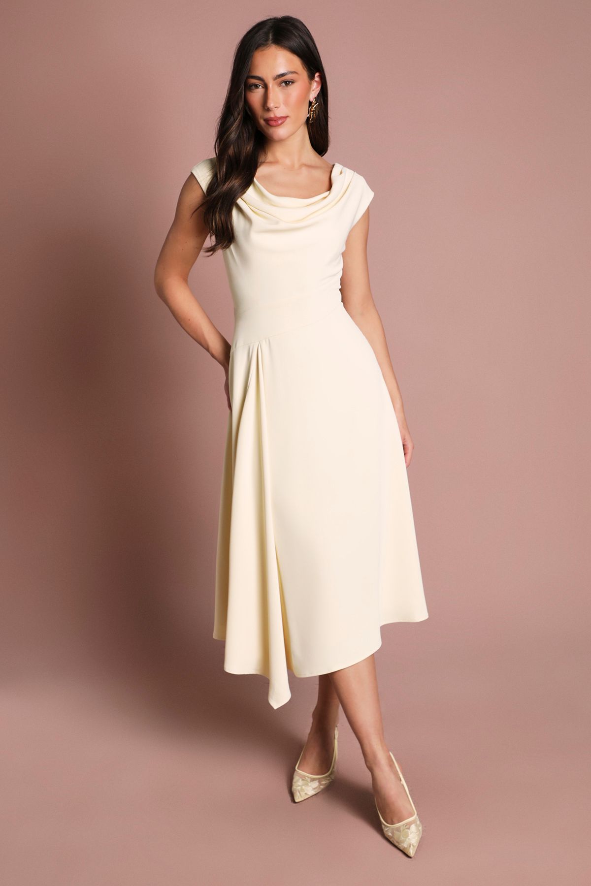 Coast Off The Shoulder Asymmetric Lightweight Crepe Midi Dress Butter