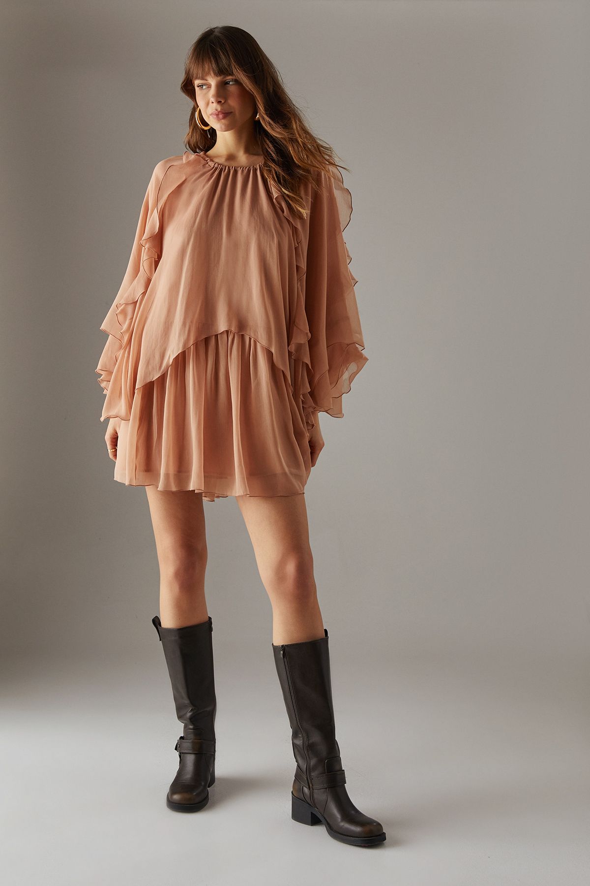 Warehouse Chiffon Ruffle Flared Sleeve Mini Smock Cape Dress Tan image 2
