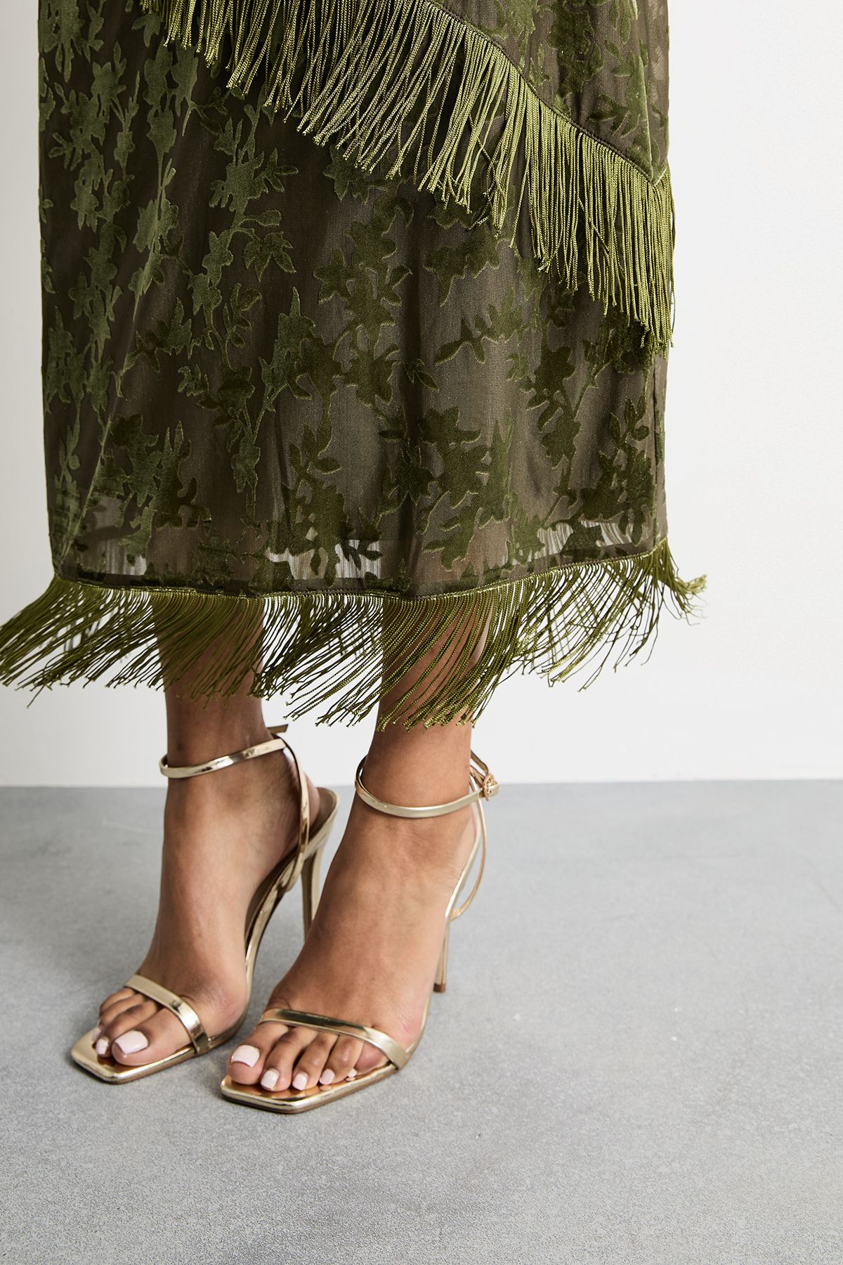 Warehouse Devore Fringe Detail Midi Skirt Khaki image 4