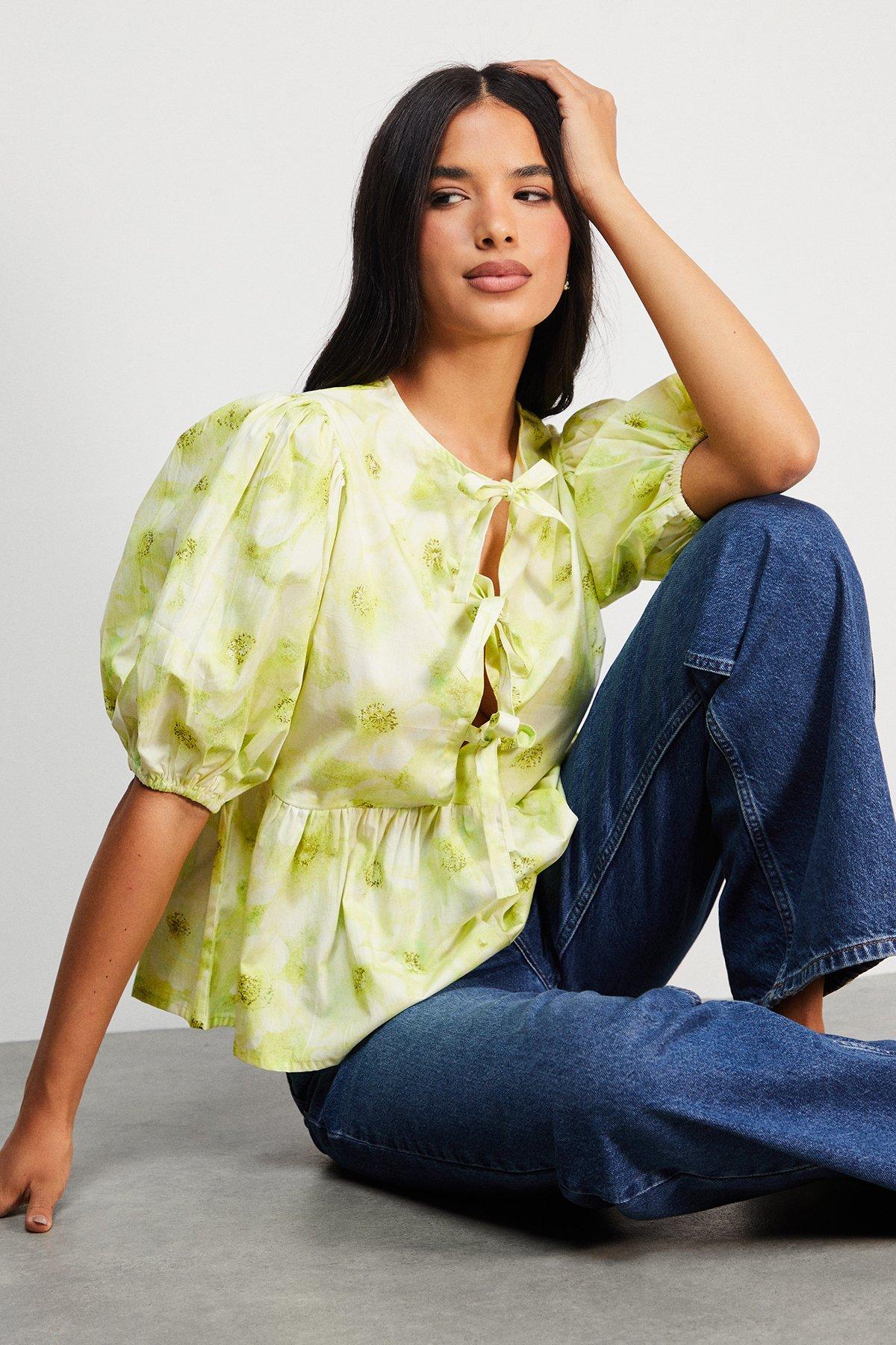 Warehouse Print Poplin Tie Front Volume Sleeve Blouse Lime image 1