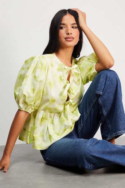 Warehouse Print Poplin Tie Front Volume Sleeve Blouse Lime