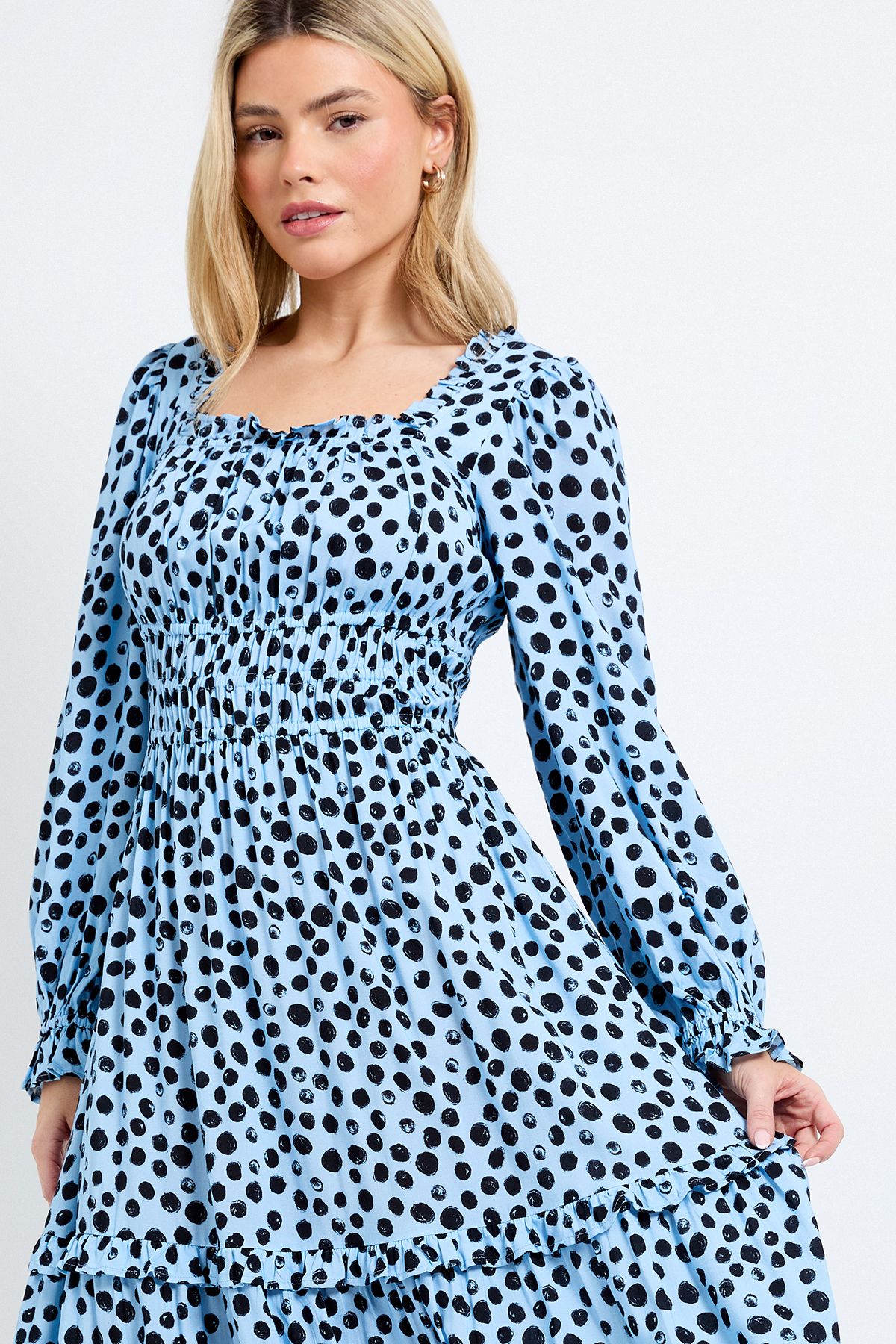 Dorothy Perkins Blue Spot Square Neck Blouson Sleeve Tiered Maxi Dress Blue image 2