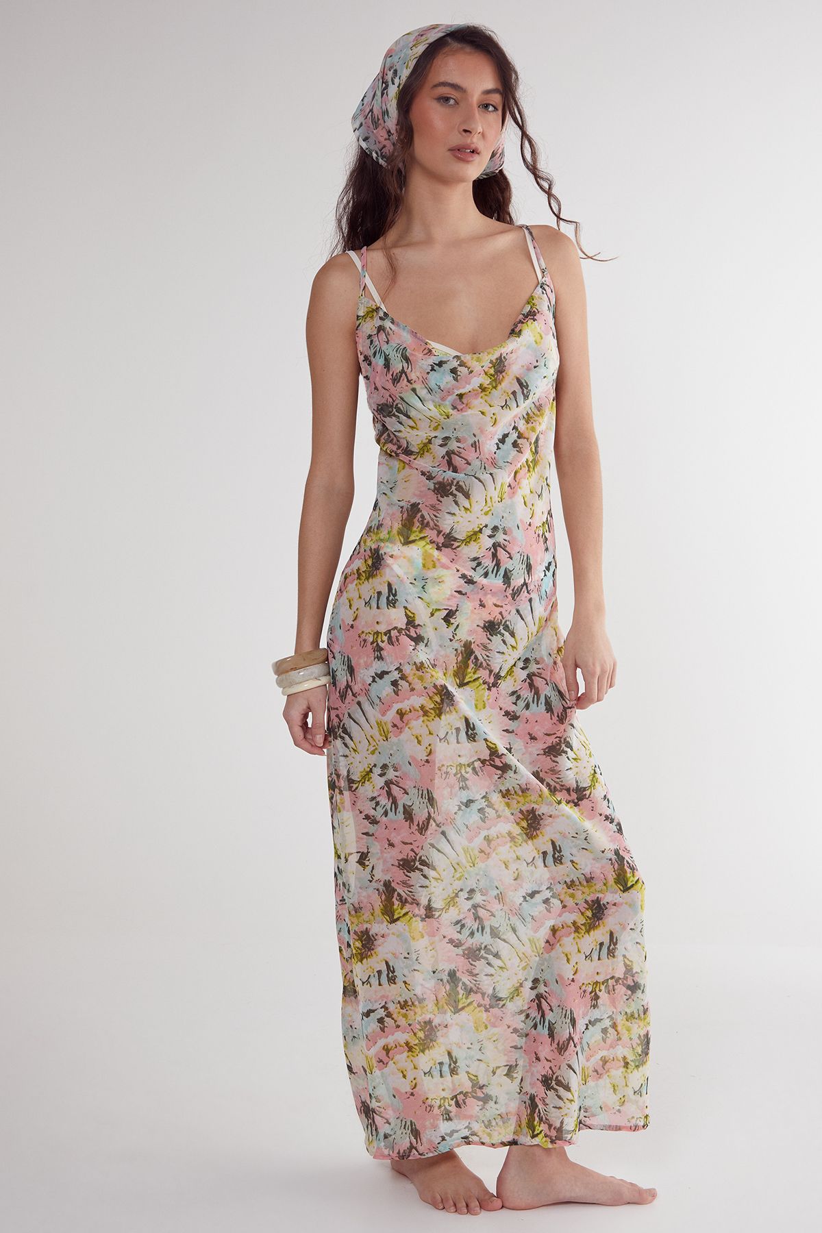 NastyGal Tie Dye Cowl Neck Beach Dress and Headscarf Multi image 4