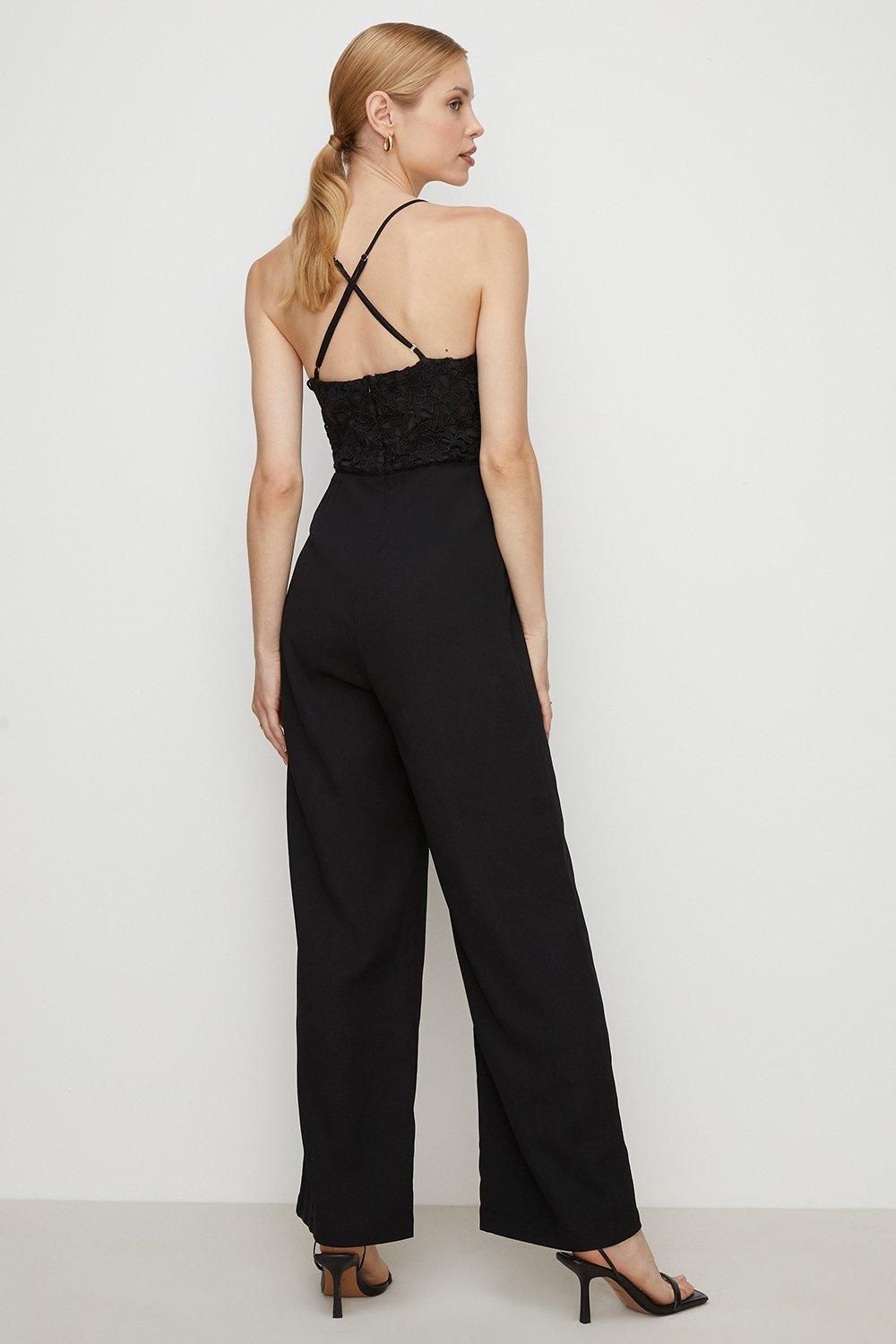 Oasis Strappy Lace Mix Crepe Wide Leg Jumpsuit Black image 3