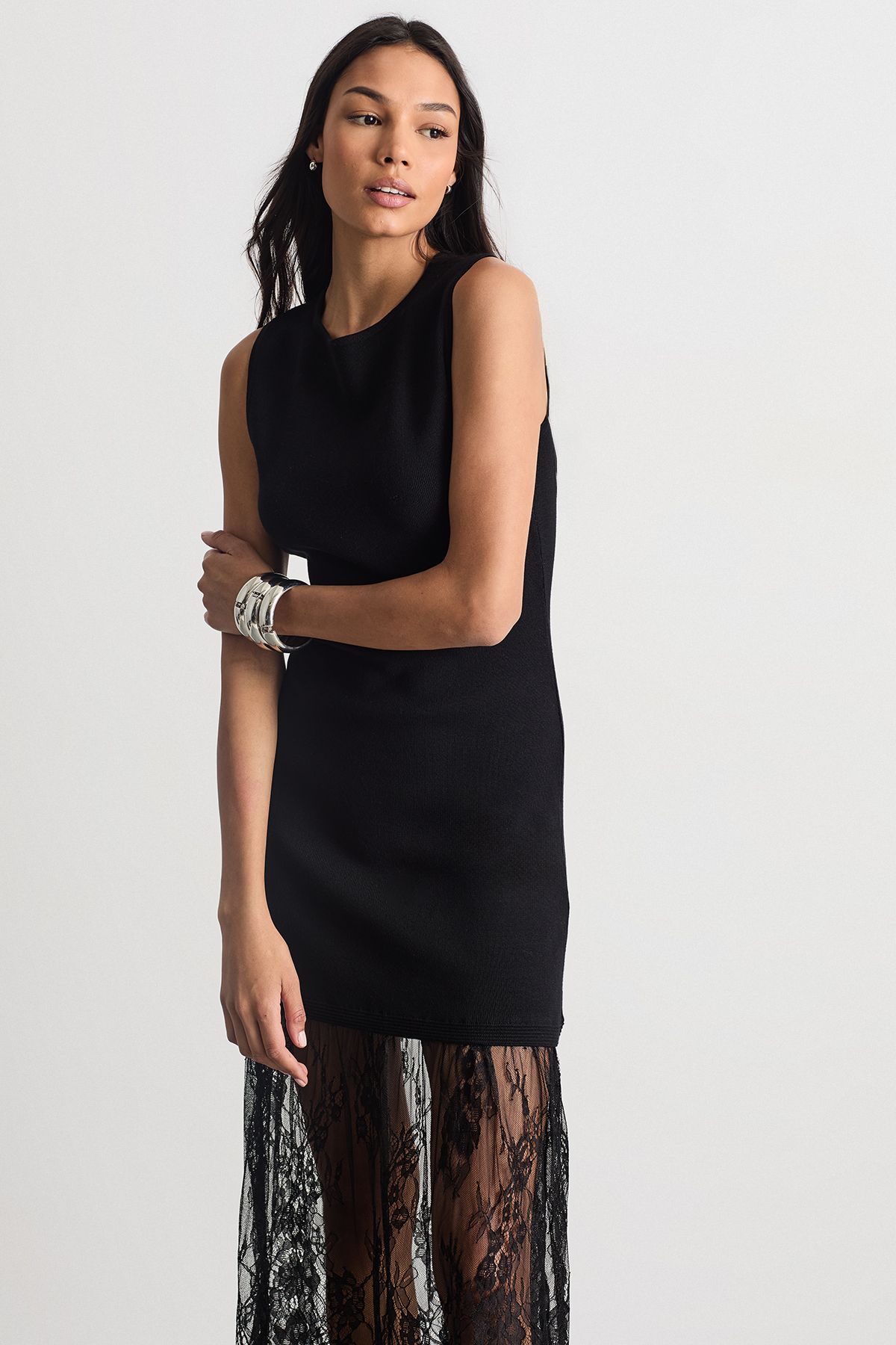 Warehouse Lace Hem Knitted Dress Black image 4