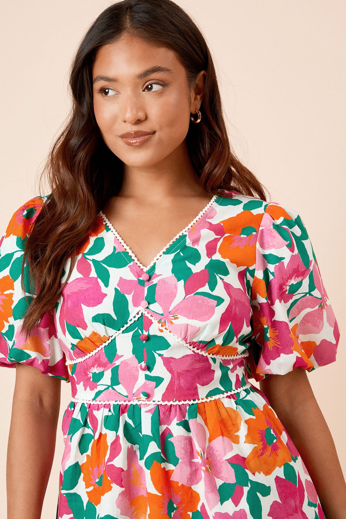 Dorothy Perkins Petite Floral Trim Detail Puff Sleeve Mini Dress Floral image 5