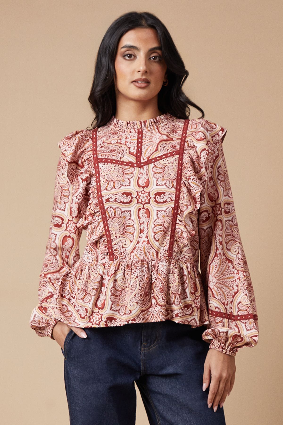 Oasis Paisley Printed Ruffle Lace Trim Top Rust image 1