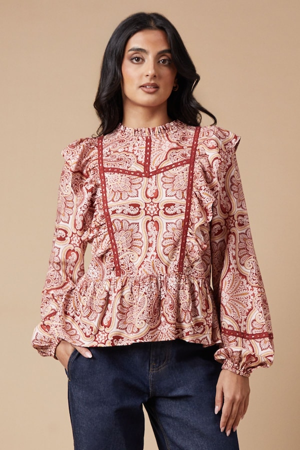 Oasis Paisley Printed Ruffle Lace Trim Top Rust