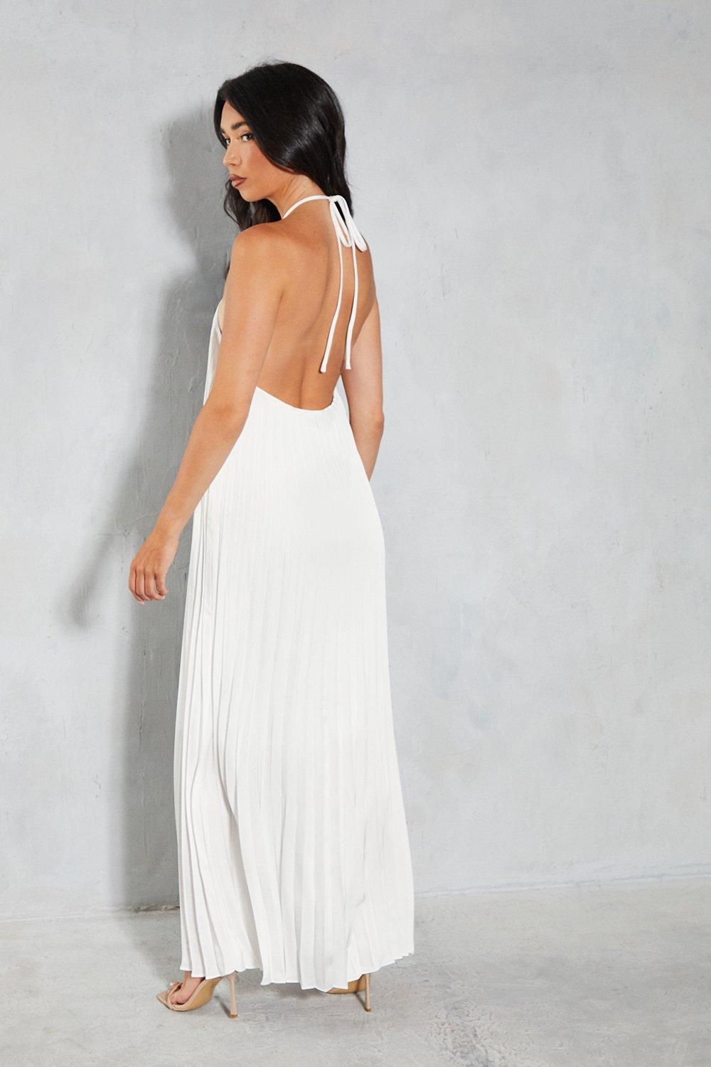 MissPap Satin Pleated Strappy Halterneck Low Back Maxi Dress Ivory image 3