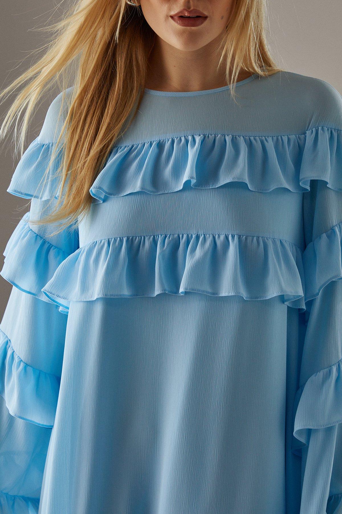 Warehouse Chiffon Ruffle Flared Sleeve Mini Smock Dress Pale Blue image 5