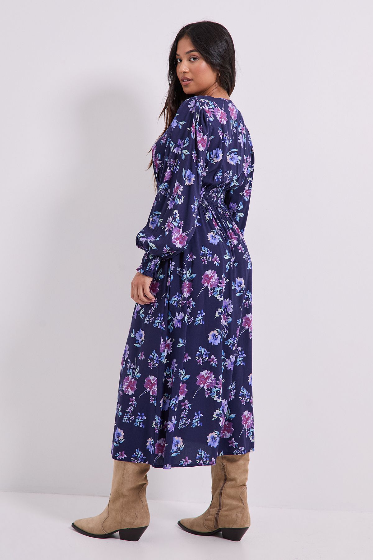 Dorothy Perkins Petite V Neck Button Front Detail Printed Midi Dress Blue image 3