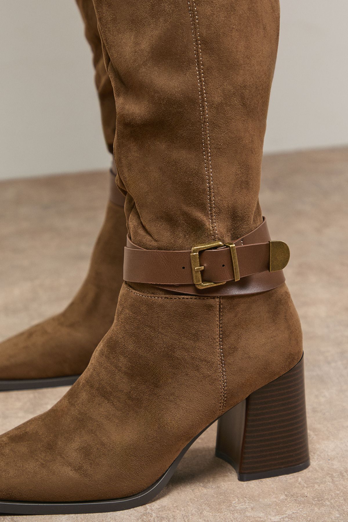 Oasis Tabitha Faux Suede Buckle Detail Square Toe High Block Heel Boot Taupe image 3