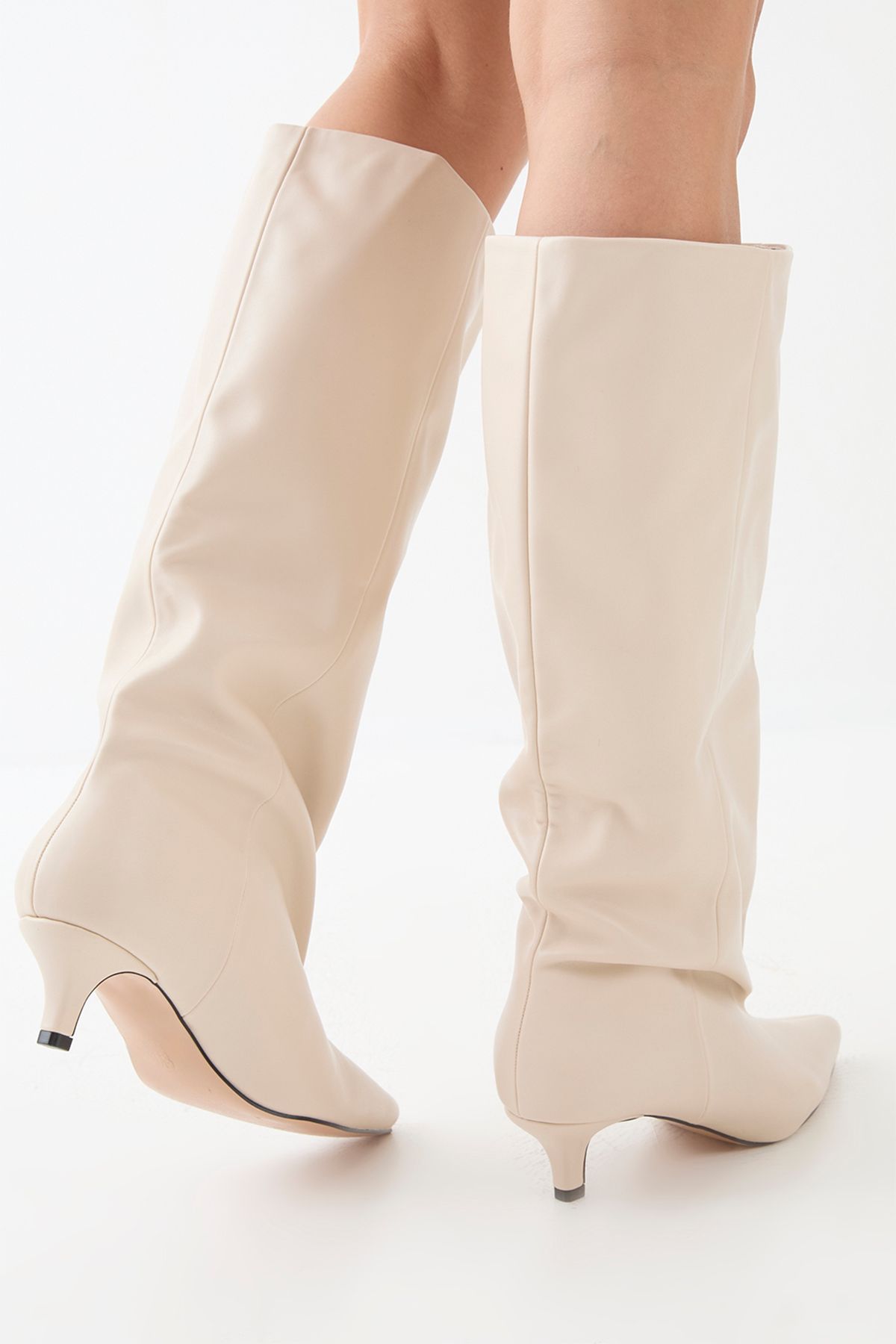 MissPap Low Stiletto Heel Knee High Boots Cream image 3