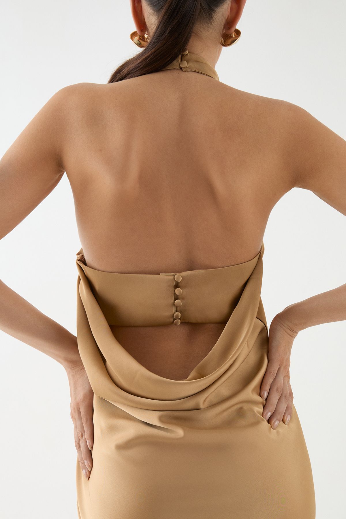 MissPap High Neck Satin Cowl Back Bridesmaid Dress Bronze image 2