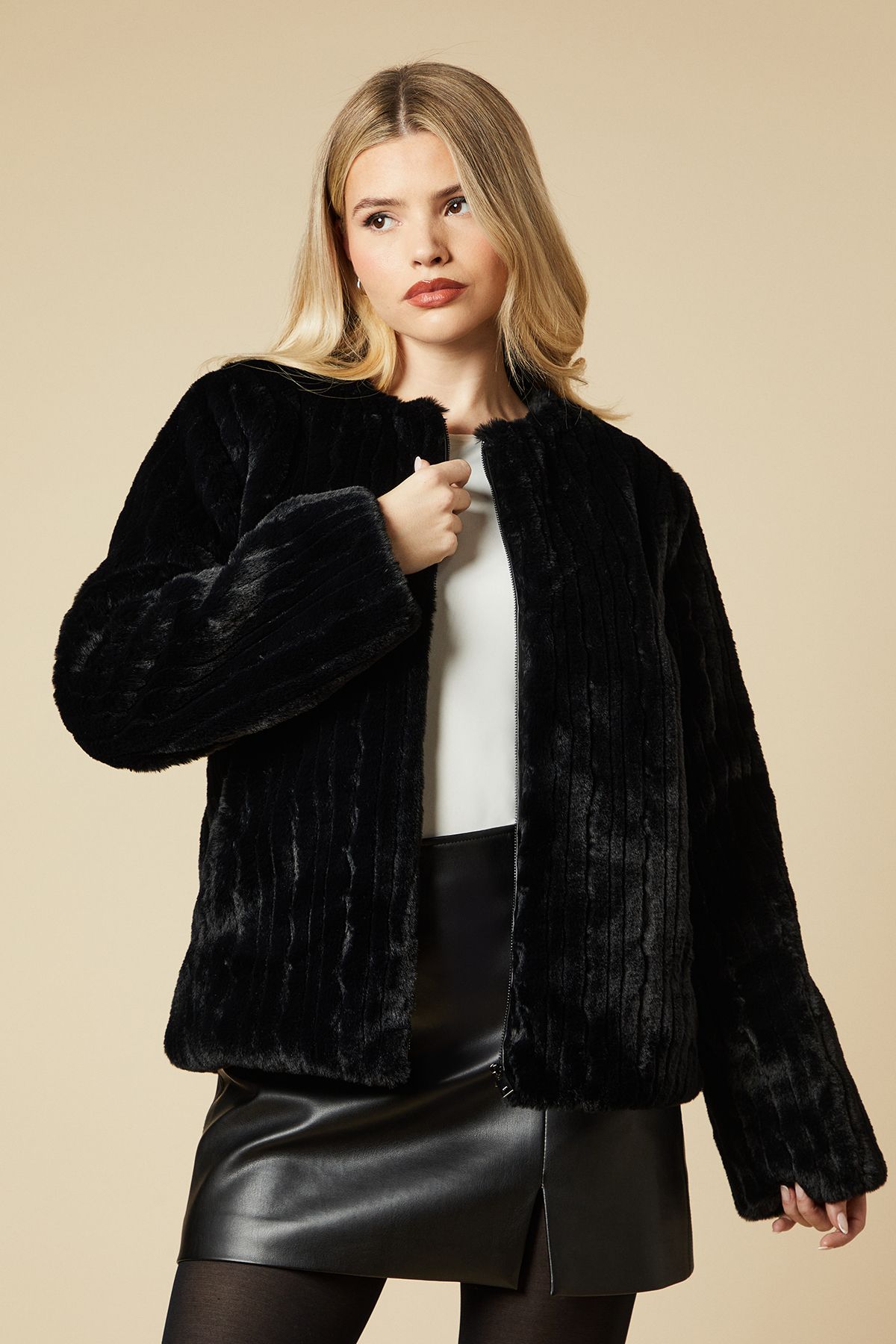 Dorothy Perkins Longline Faux Fur Coat Black image 1