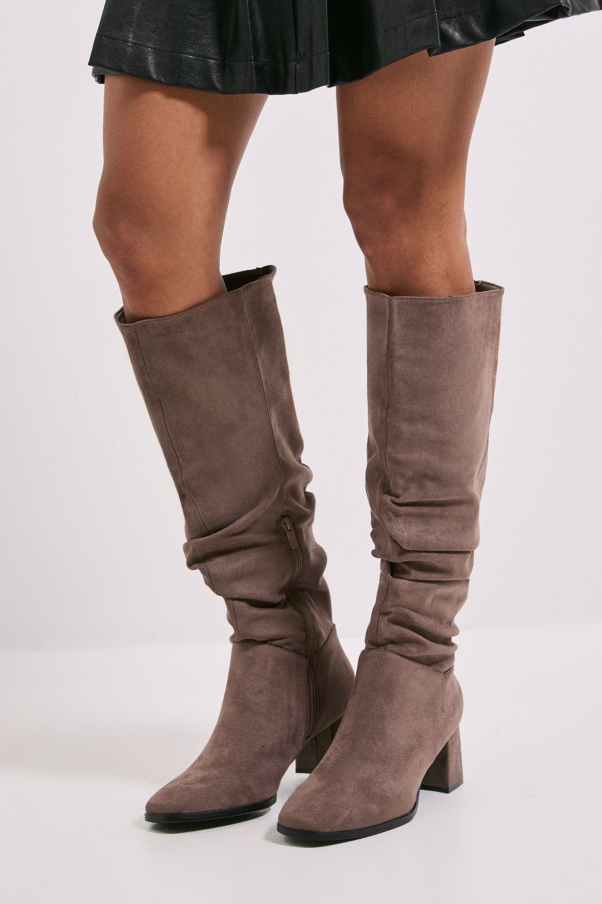 Dorothy Perkins Carla Faux Suede Ruche Medium Block Heel Knee Boots Mocha image 2