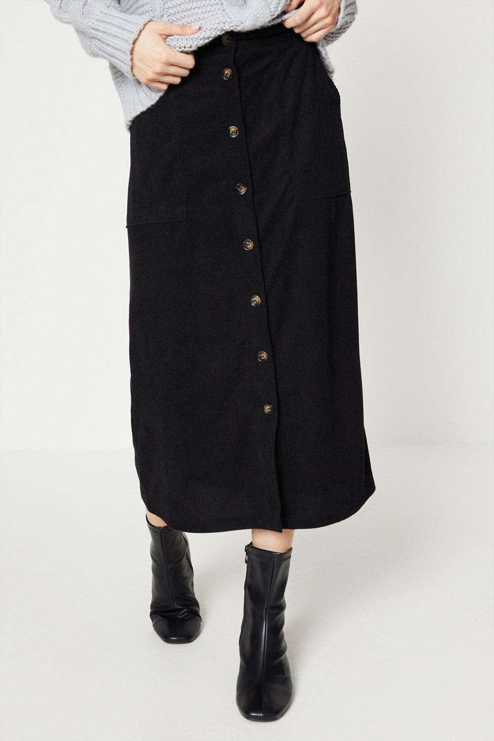 Oasis Cord Button Front Midi Skirt Black image 4
