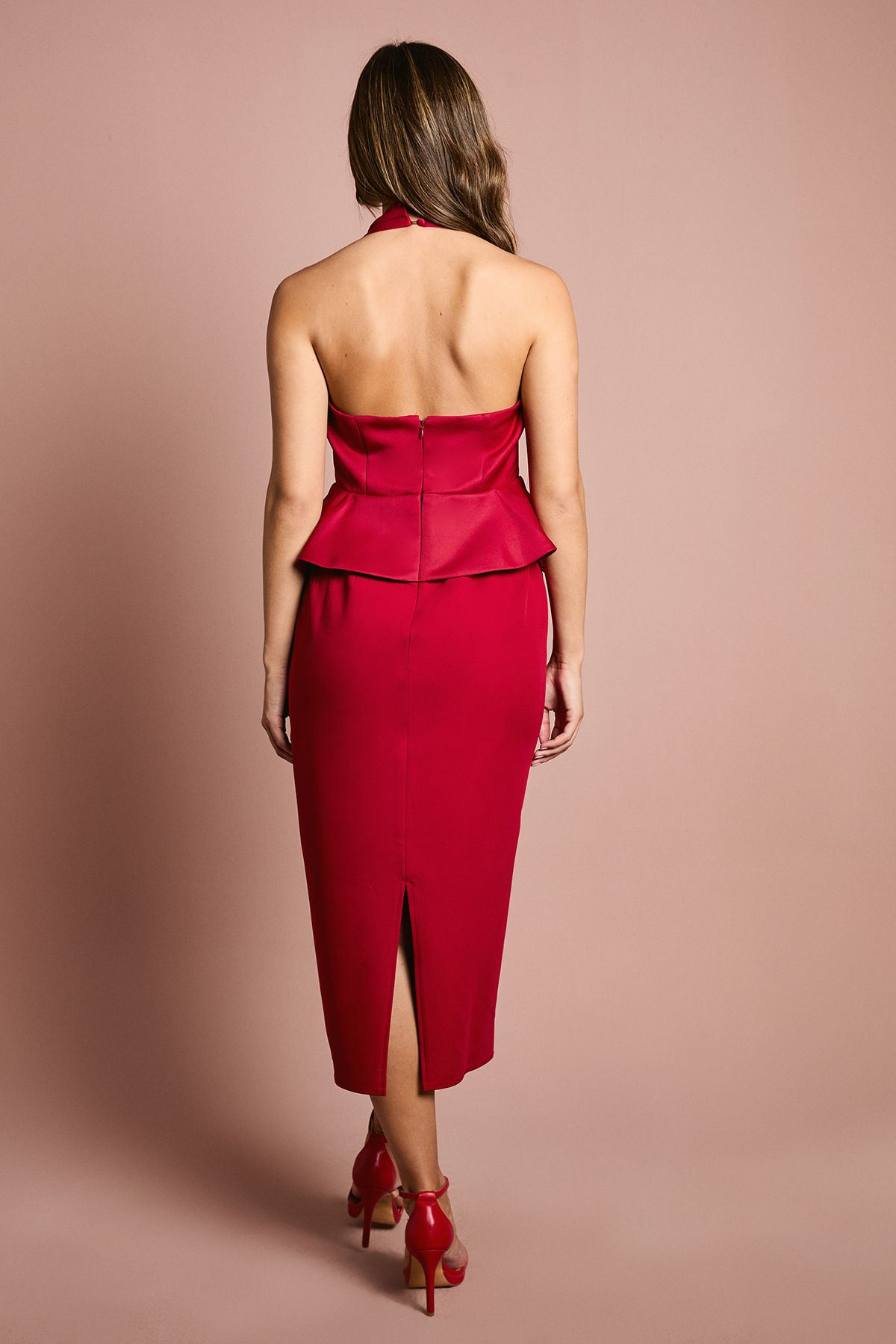 Coast Halter Neck Structured Satin Column Midi Dress Red image 3
