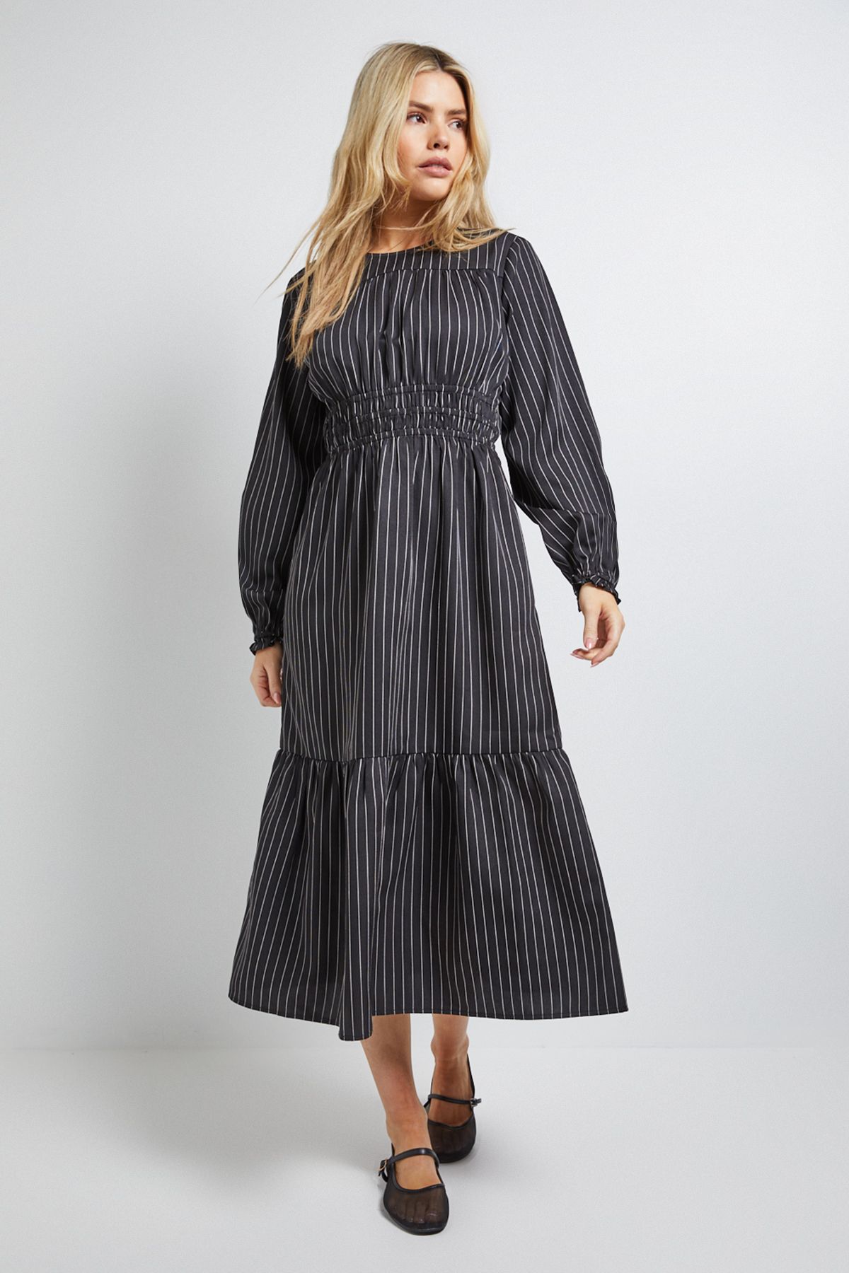 Dorothy Perkins Shirred Bodice Tiered Stripe Midi Dress Black image 4