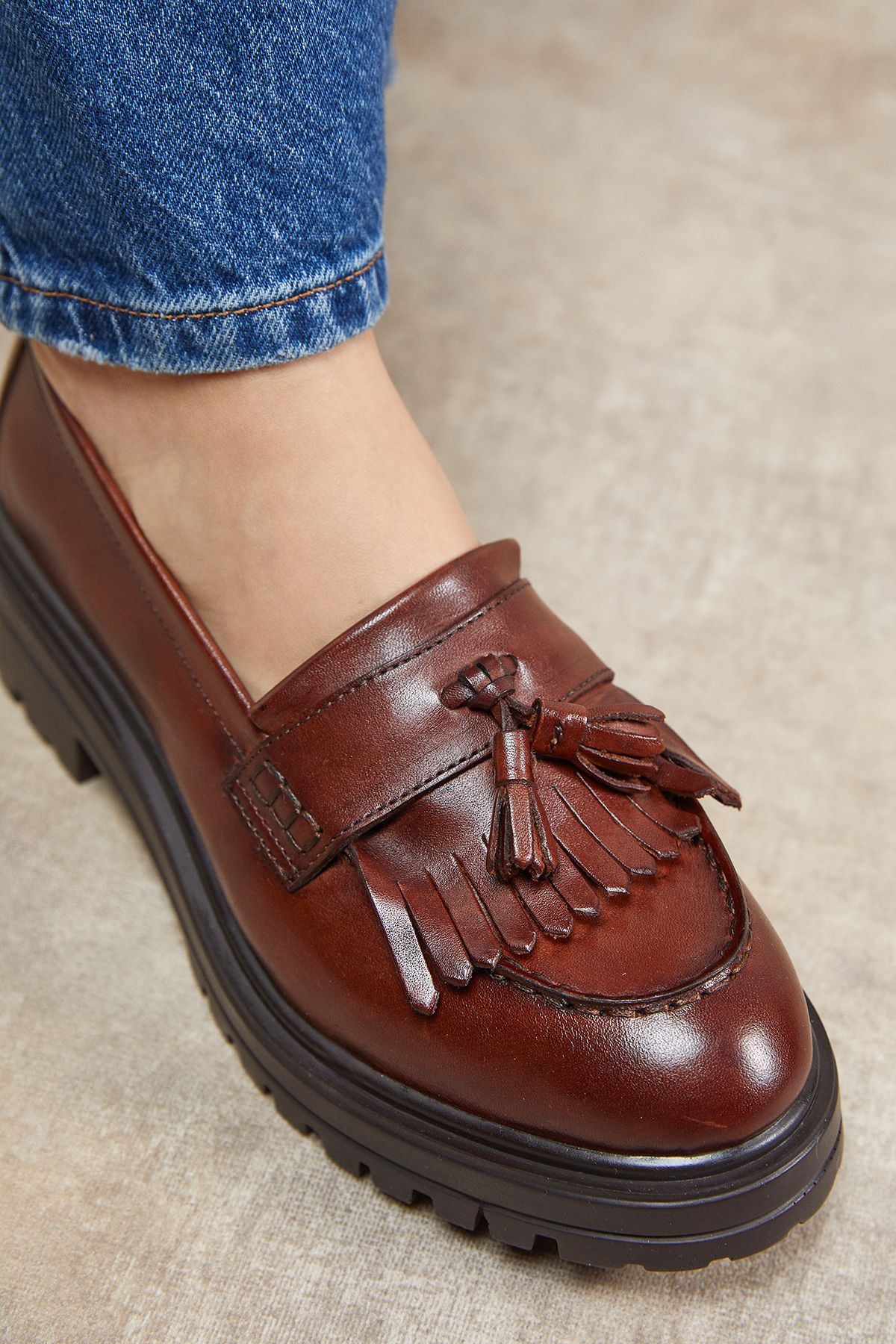 Oasis Brooker Real Leather Tassel Chunky Loafers Dark Tan image 4