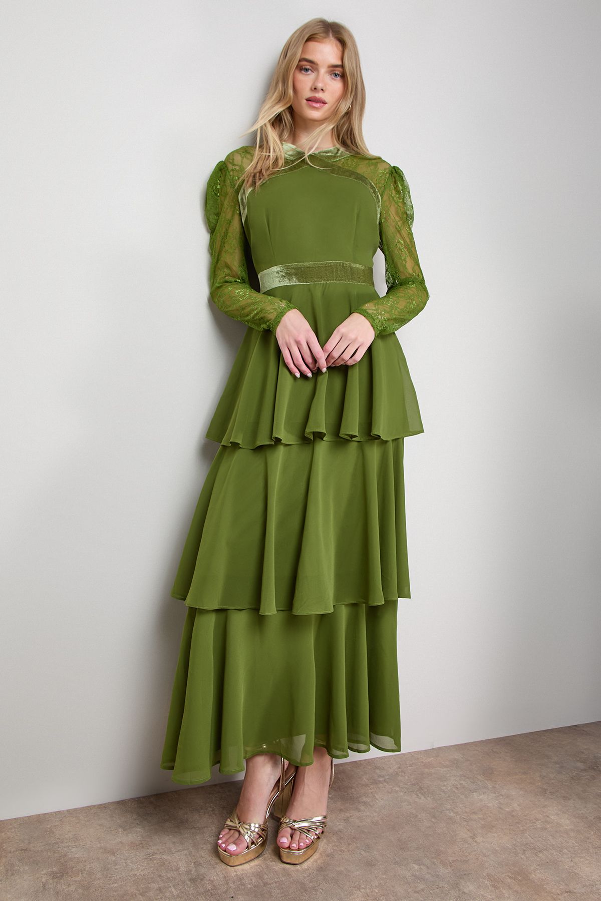 Oasis Lace Sleeve Tiered Maxi Dress Green image 1