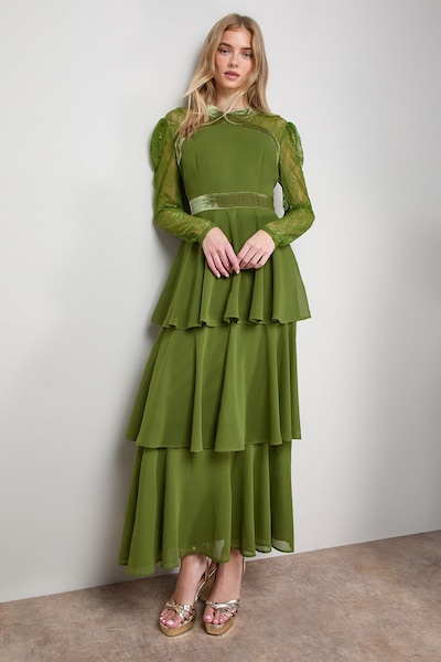 Oasis Lace Sleeve Tiered Maxi Dress Green