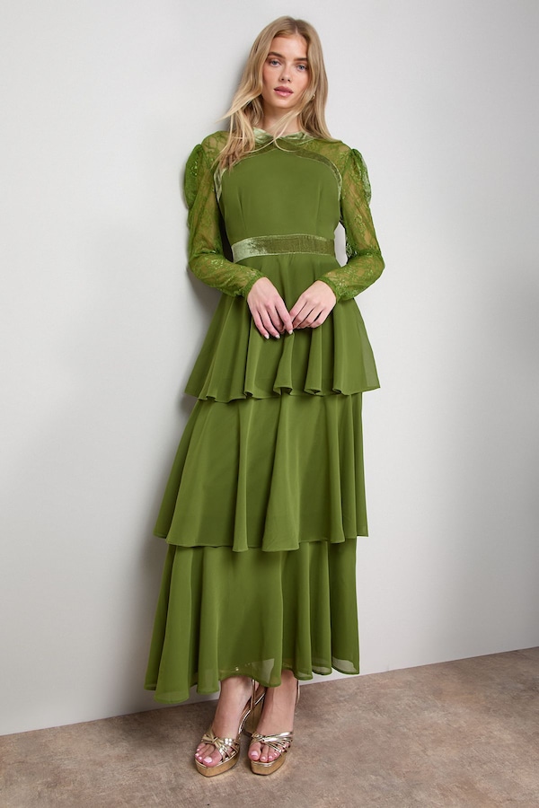 Oasis Lace Sleeve Tiered Maxi Dress Green