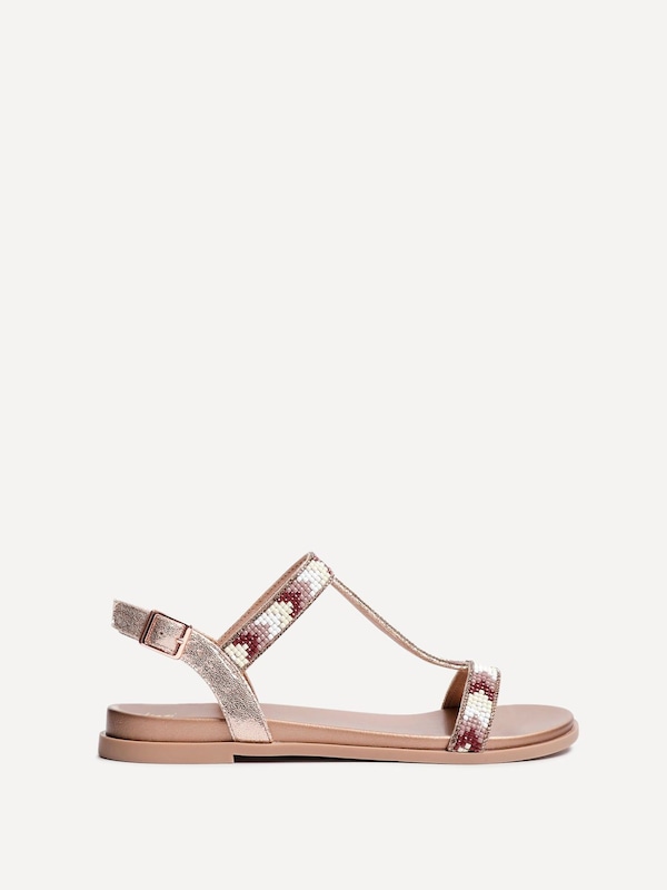 Linzi Sandie Rose Gold Faux Leather T-Bar Embellished Flat Sandals