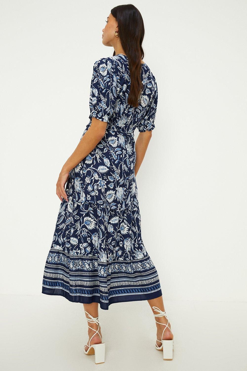 Oasis Printed Ruffle Front Shirred Cuff Tiered Hem Midi Dress Multi image 4