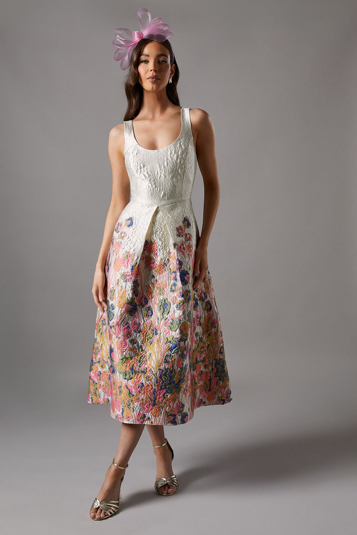 Coast Floral Jacquard Fit And Flare Midi Dress Cream image 1