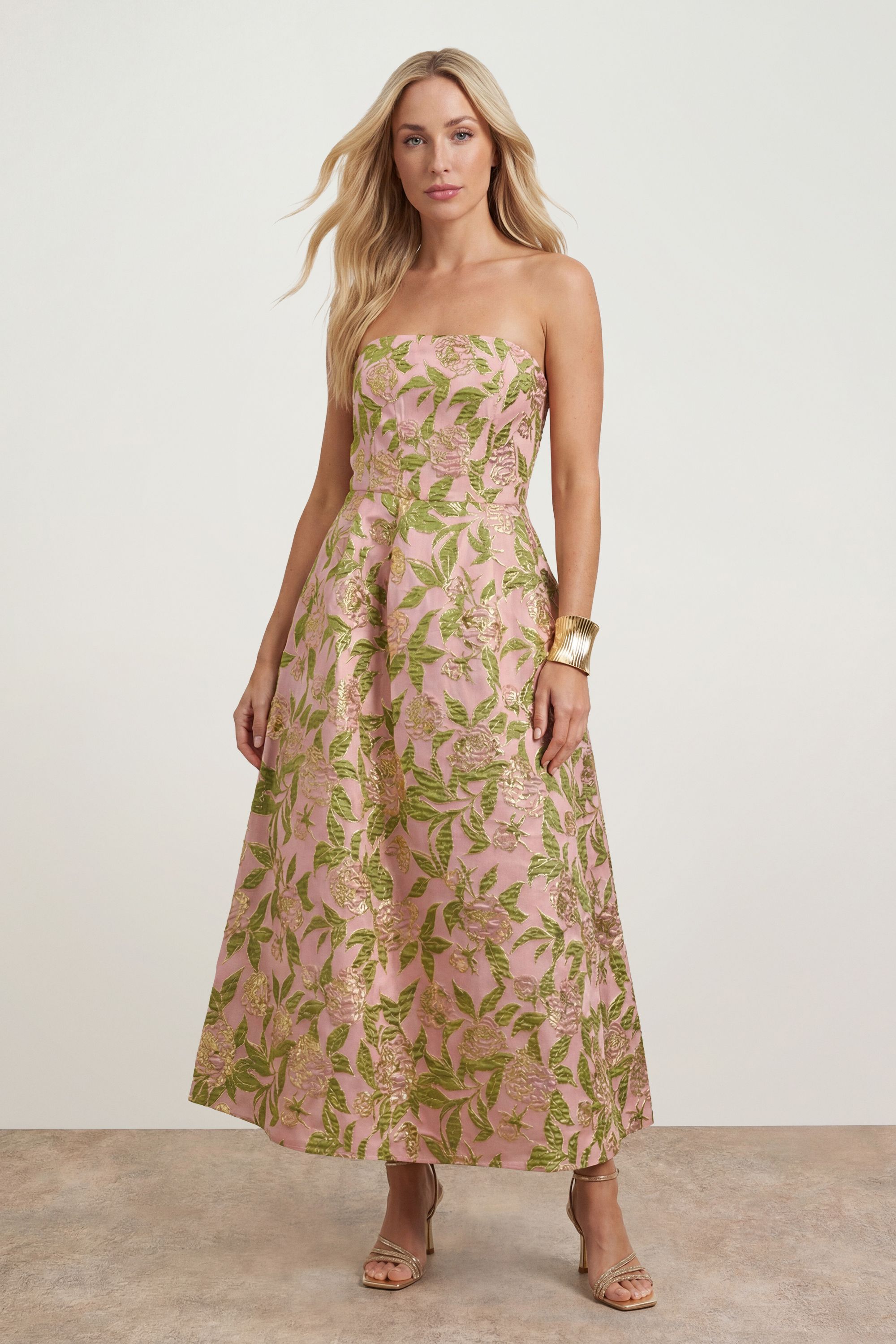 Oasis Rose Jacquard Prom Midi Dress Pink