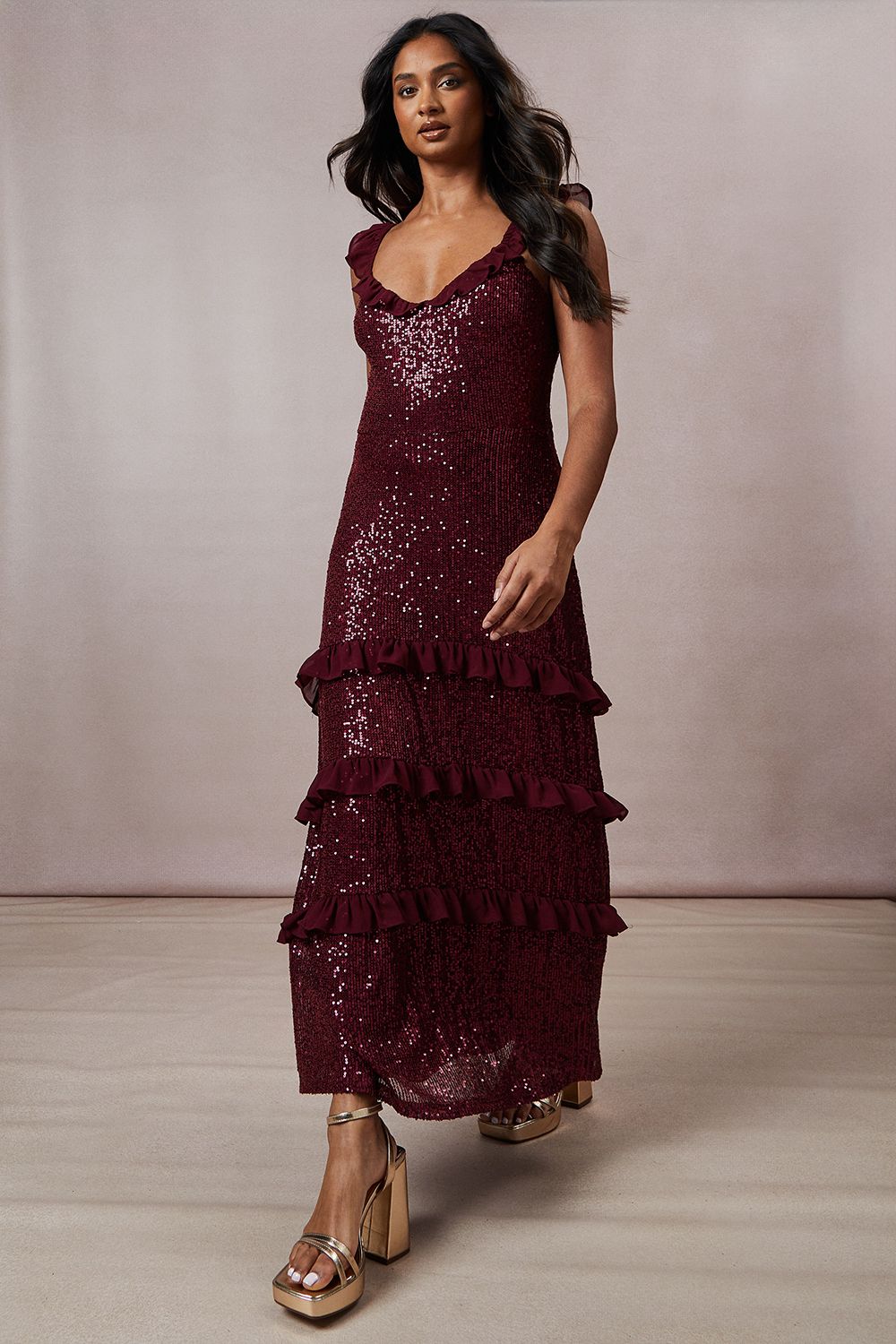 Oasis Occasion Sequin Ruffle Midaxi Dress Berry image 1