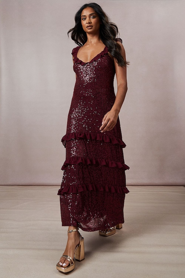 Oasis Occasion Sequin Ruffle Midaxi Dress Berry