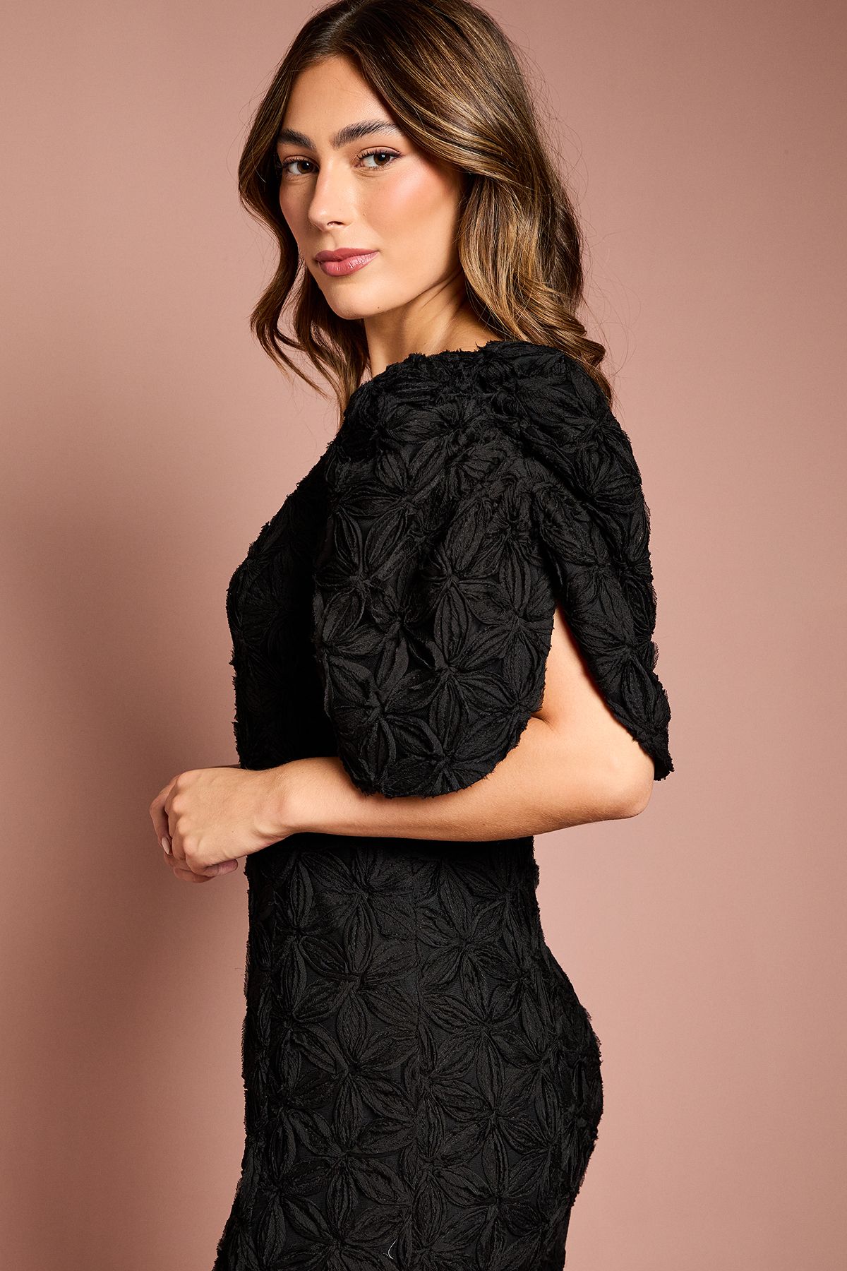 Coast Floral Pleated Sleeve Pencil Dress Black image 3