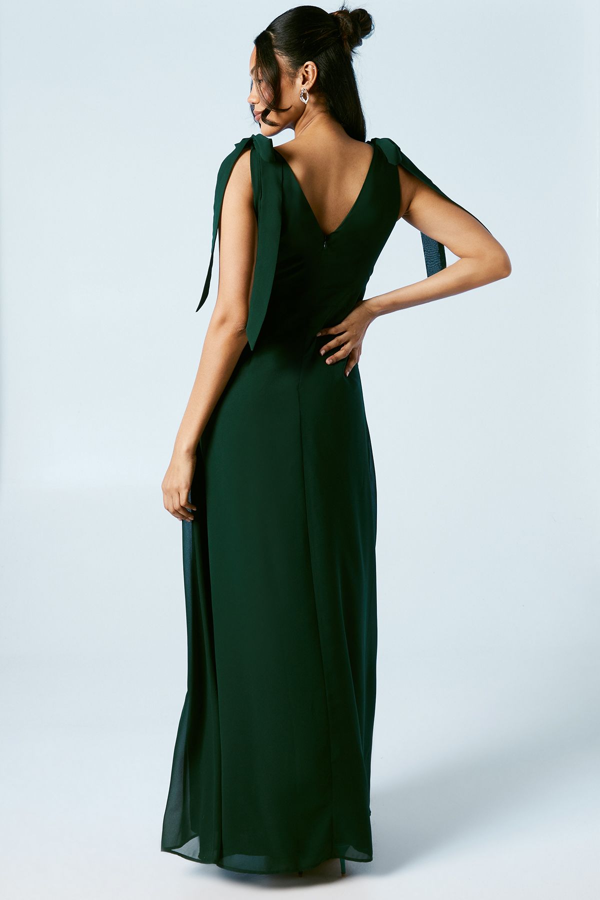 Oasis Tie Shoulder Waterfall Wrap Chiffon Bridesmaid Maxi Dress Emerald image 3
