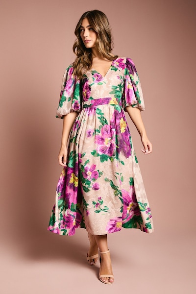Coast Printed Puff Sleeve Bow Detail Jacquard Midi Dress Purple