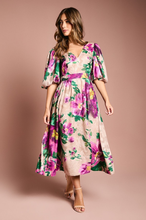 Coast Printed Puff Sleeve Bow Detail Jacquard Midi Dress Purple