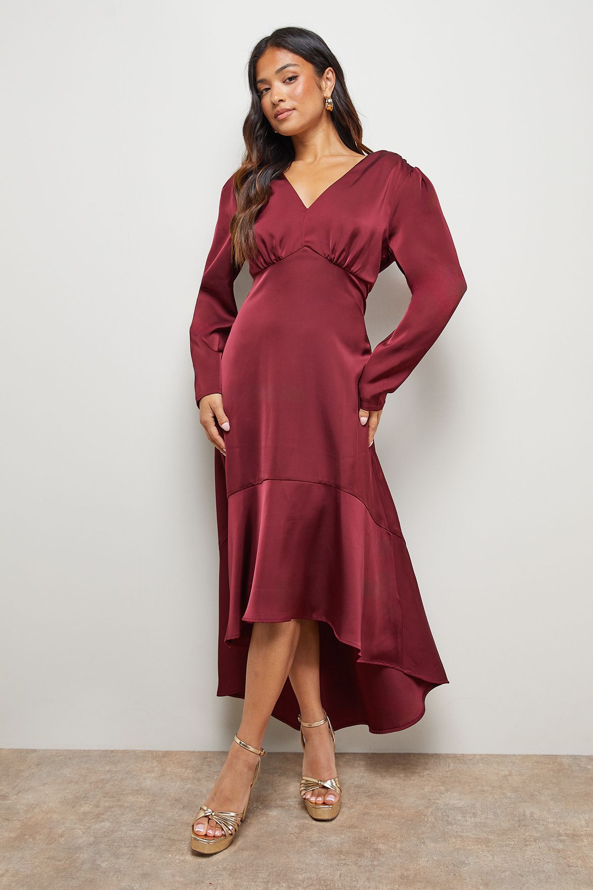 Oasis Petite Satin Puff Sleeve V Neck High Low Hem Midi Dress Merlot image 2