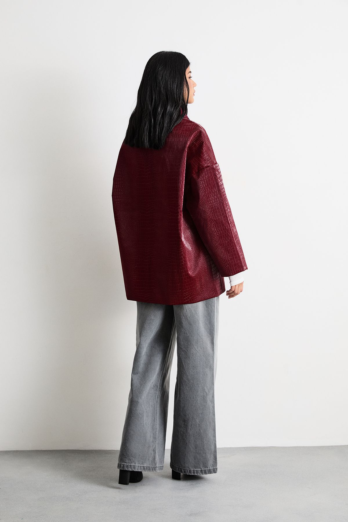 Warehouse Oversized Collared Croc Coat Dark Red image 3