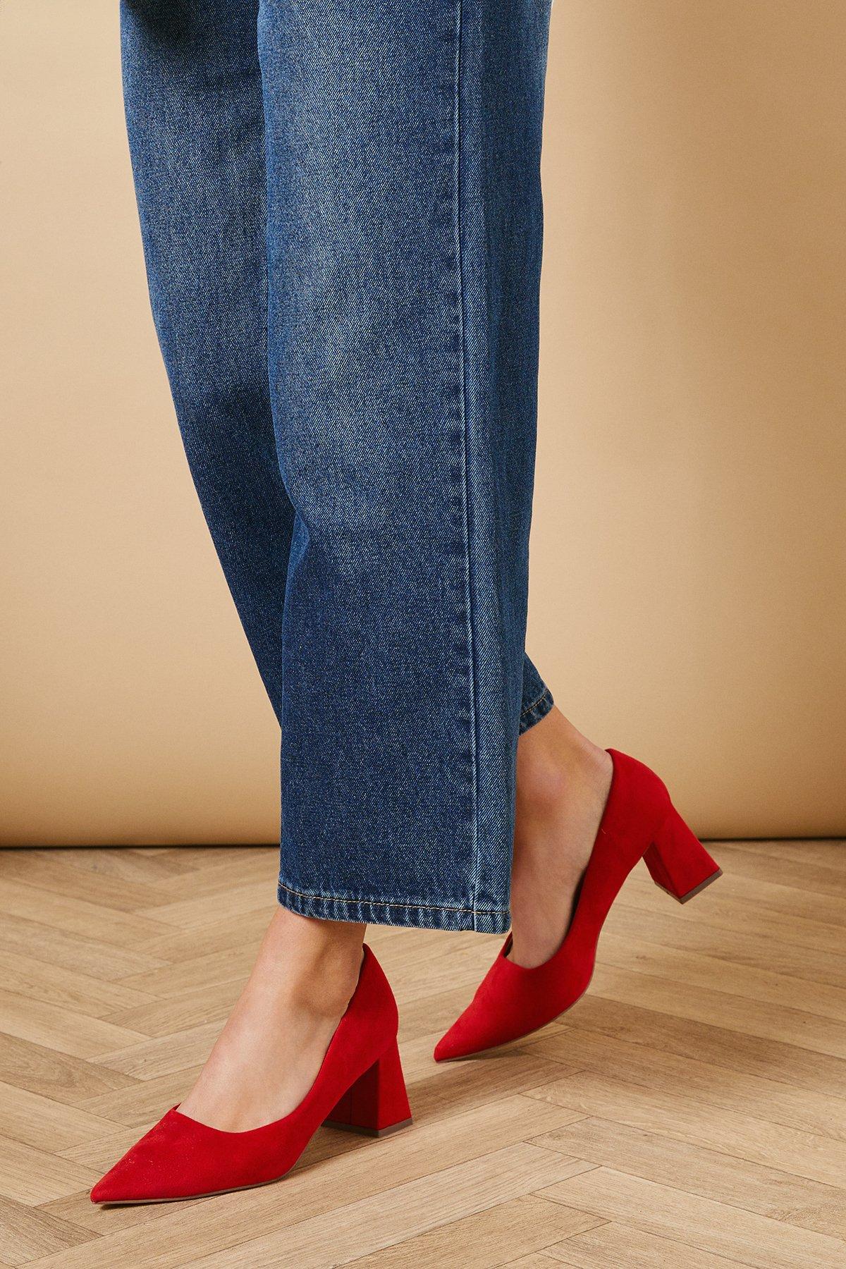 Oasis Vern Faux Suede Pointed Block Court Shoes Red image 3
