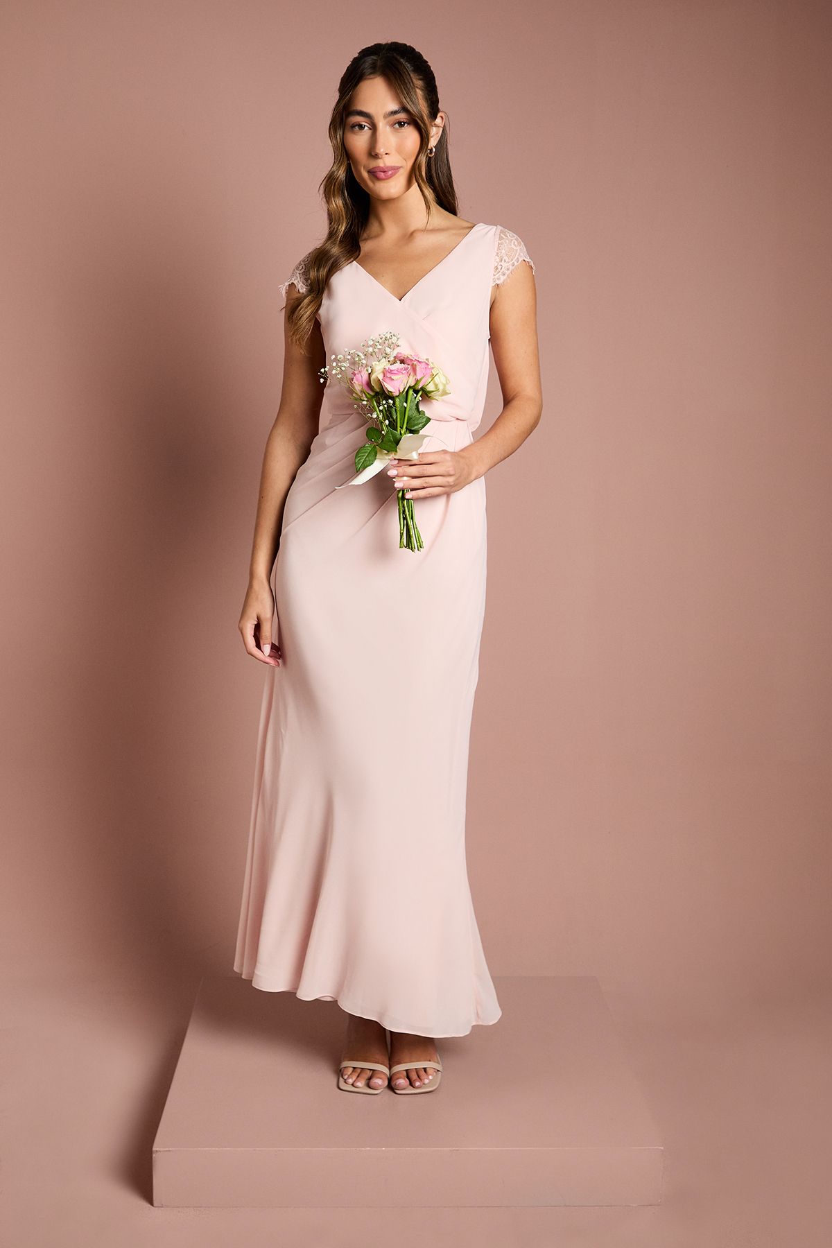 Coast Georgette and Lace Detail Wrap Effect Maxi Bridesmaid Dress Blush