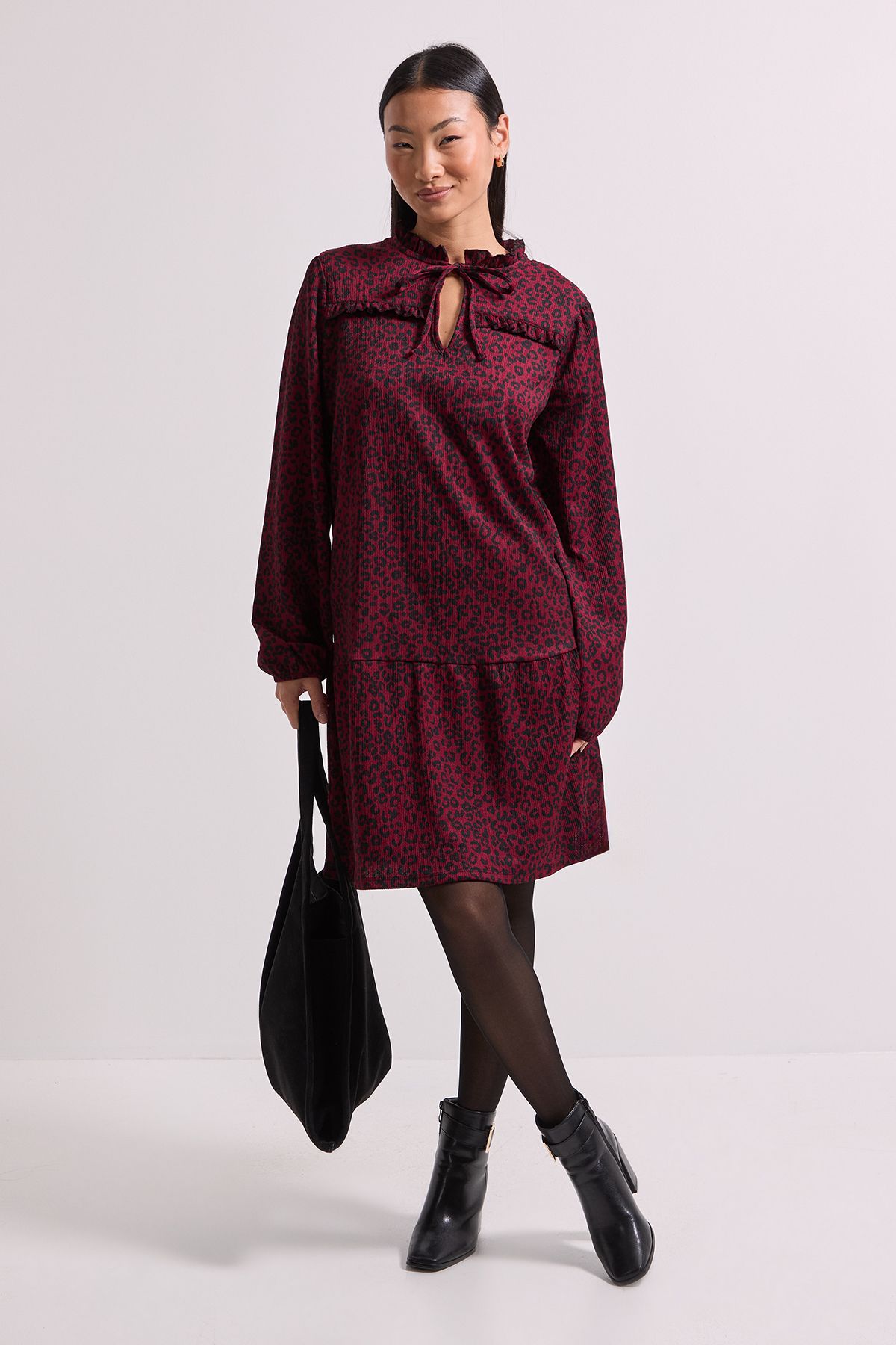 Dorothy Perkins Petite Brown Animal Tie Neck Tiered Smock Jersey Mini Dress Brown