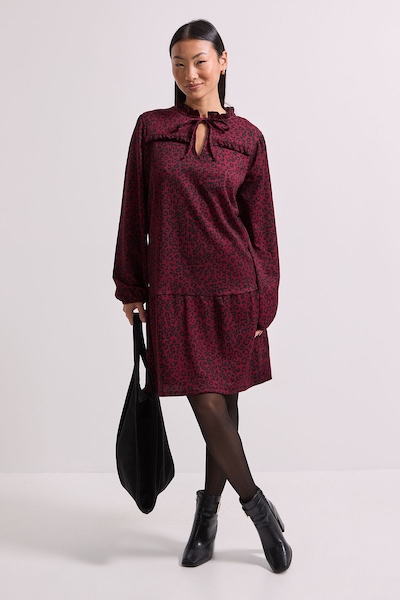 Dorothy Perkins Petite Brown Animal Tie Neck Tiered Smock Jersey Mini Dress Brown