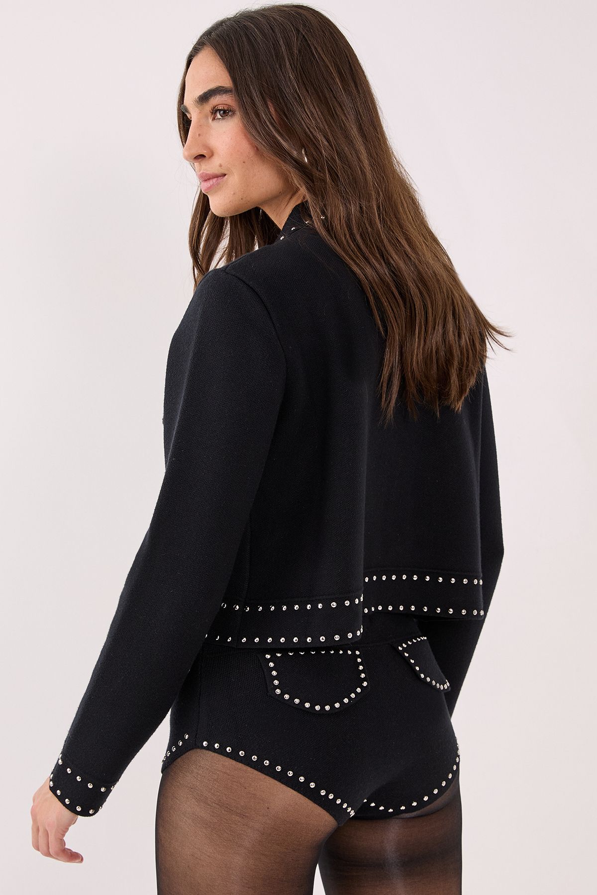 NastyGal Knitted Western Stud Detail Shorts Black image 3